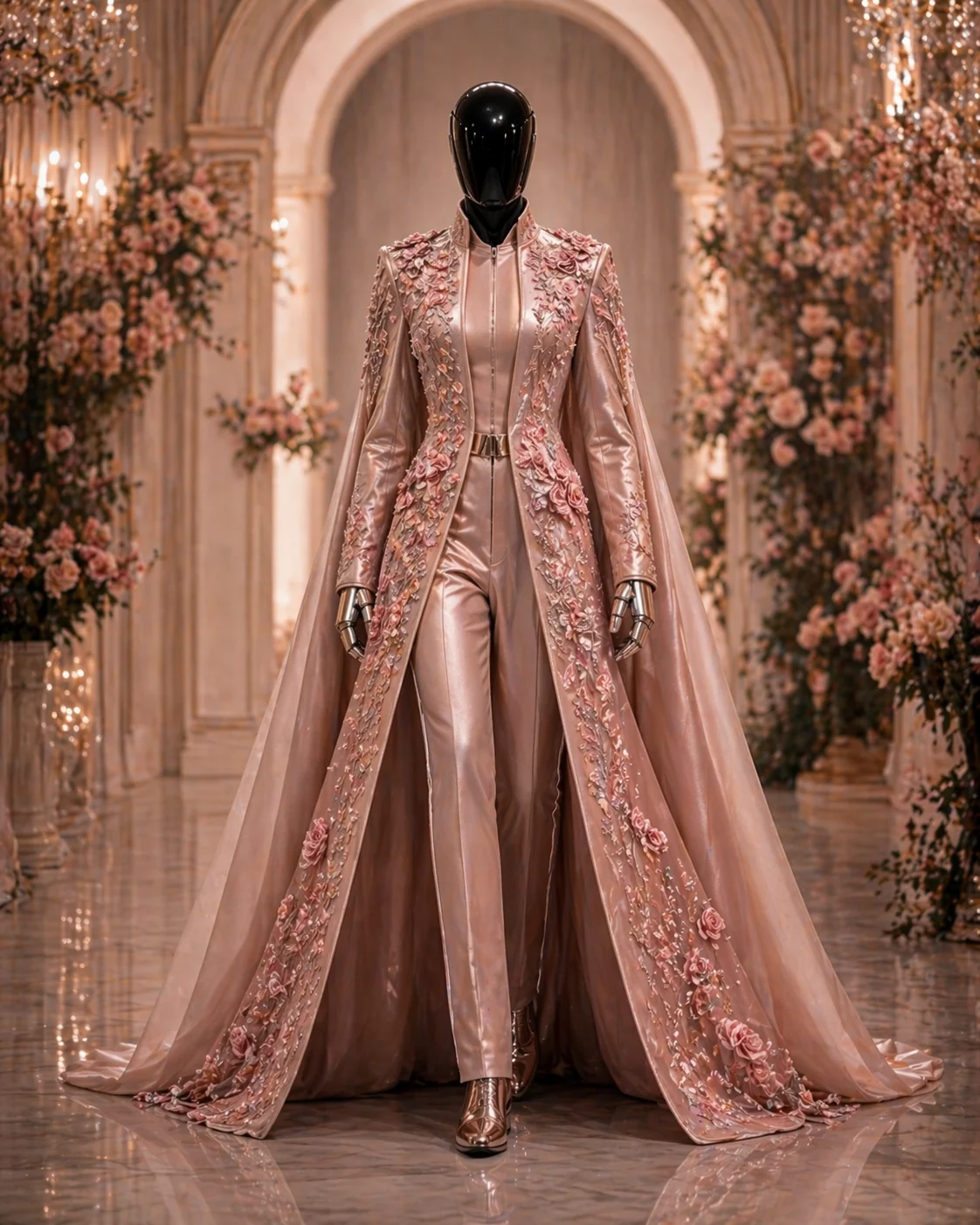 Macro detail of illuminated embroidery, metallic trim, and robotic tailoring.