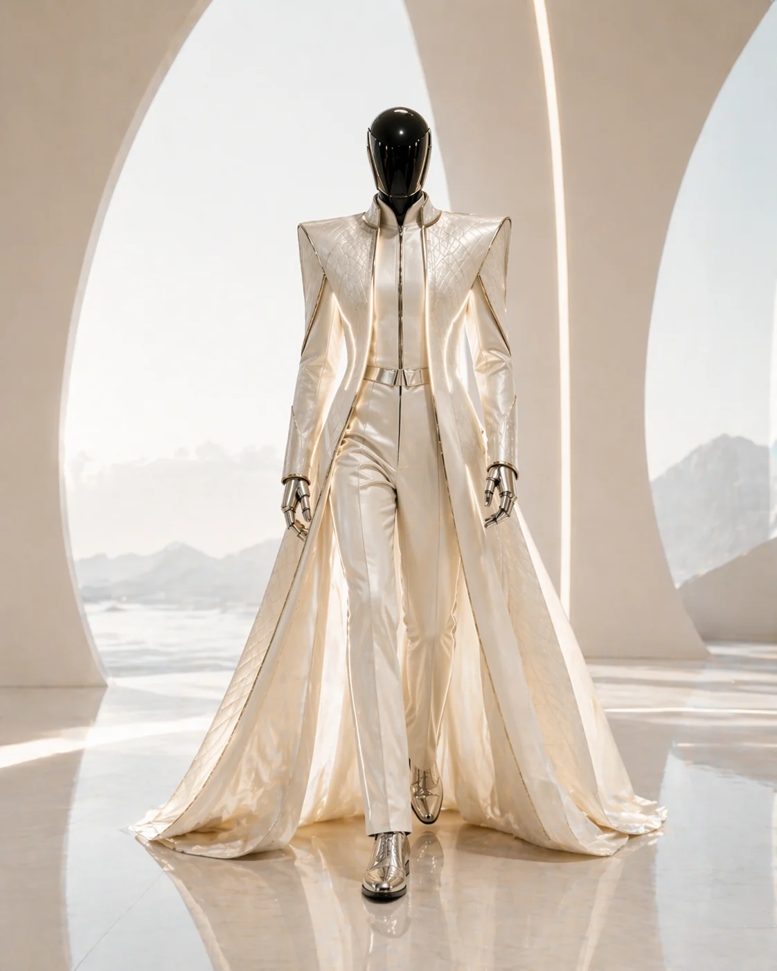Close portrait of the Noir Regency cape look against a dark studio backdrop.