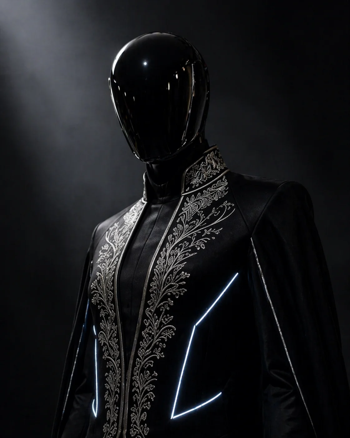 Portrait crop of the Noir Regency look with illuminated tailoring lines.