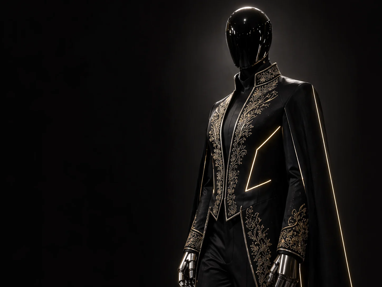 A lineup of black, silver, and ivory robotic couture looks presented together.